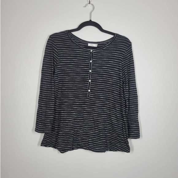 Vince Top Size Sm Round Neck 3/4 Sleeve Button Placket Flowy Hem Striped Black - Picture 1 of 3
